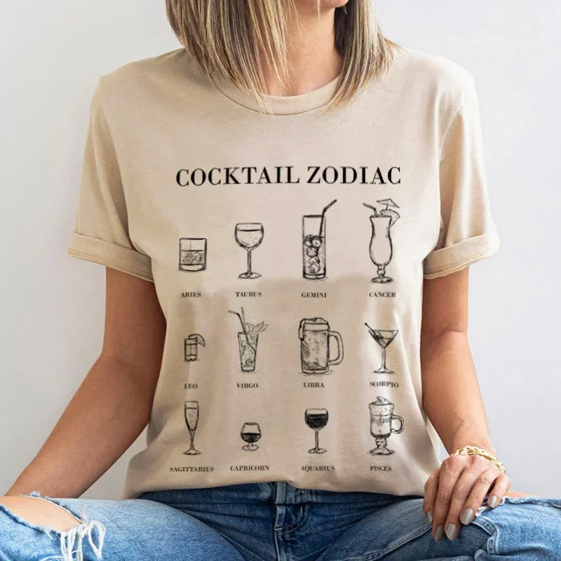 Cocktail Zodiac Women Funny T-Shirts Cute Astrology T Shirt Short Sleeve Alcohol Drink Graphic Tees Female Vintage Tops Gifts