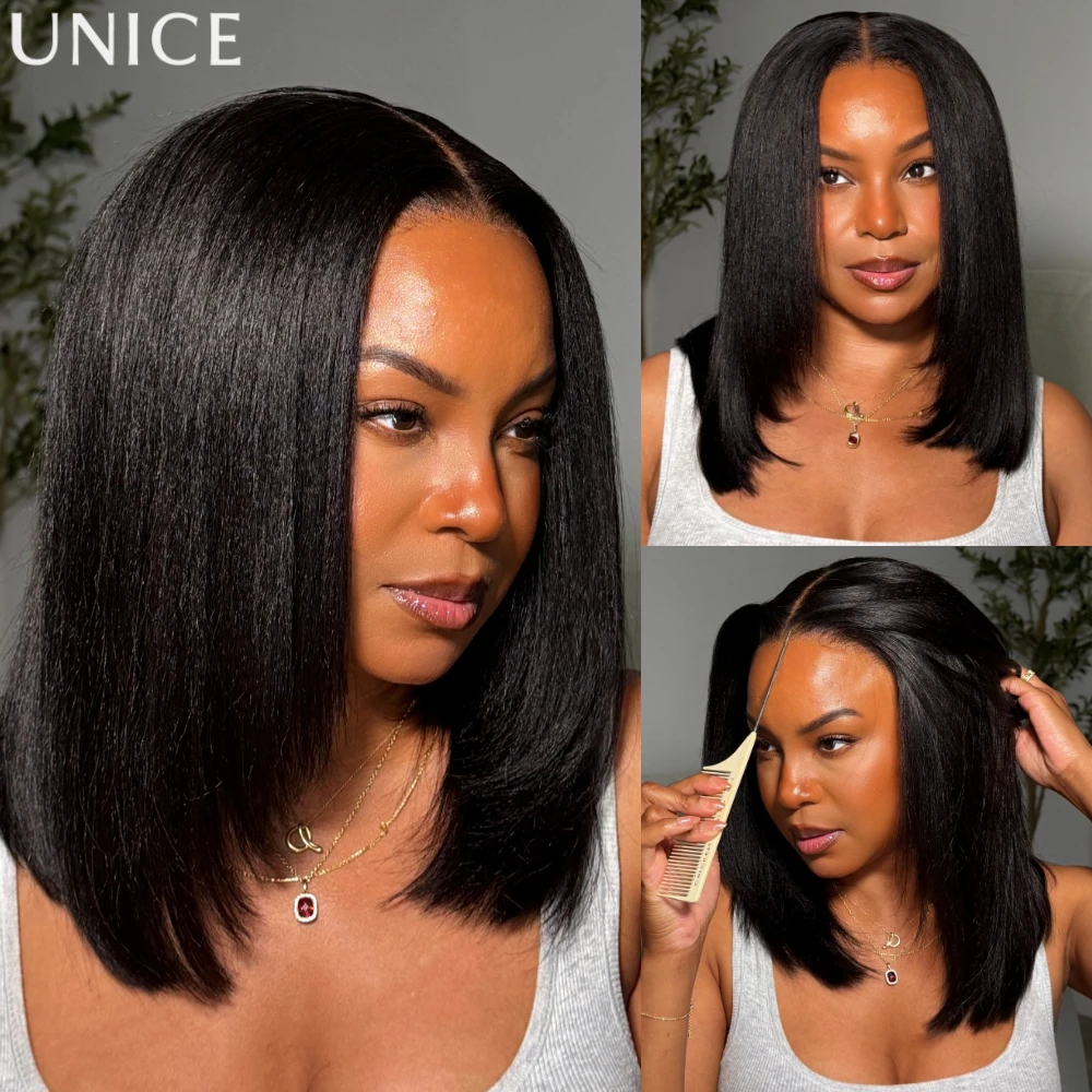 UNice Layered Cut Yaki Straight Bob Wig 100% Human Hair 7x5 Lace Glueless Wig With Drawstring Middle Part / Side Part Lace Wigs