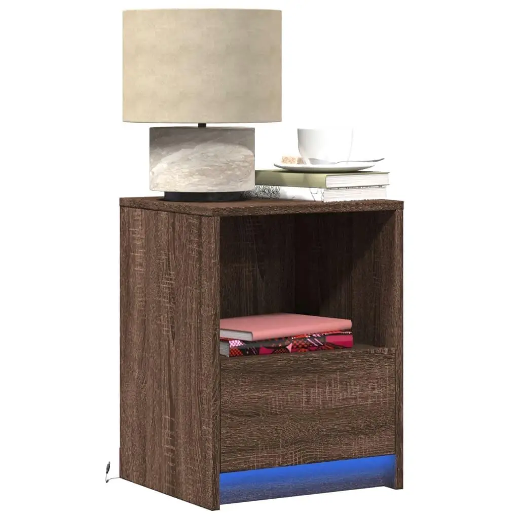 Set of 2 Brown Oak Bedside Cabinets with LED Lights - Stylish Engineered Wood Nightstands