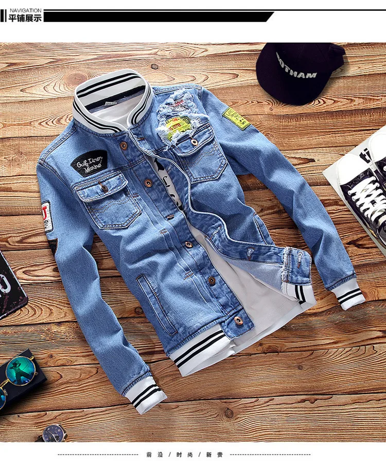 Denim Jacket Men Sportswear Outdoors Male Streetwear Spring Casual Slim Fit Stand Collar Pilot Jackets