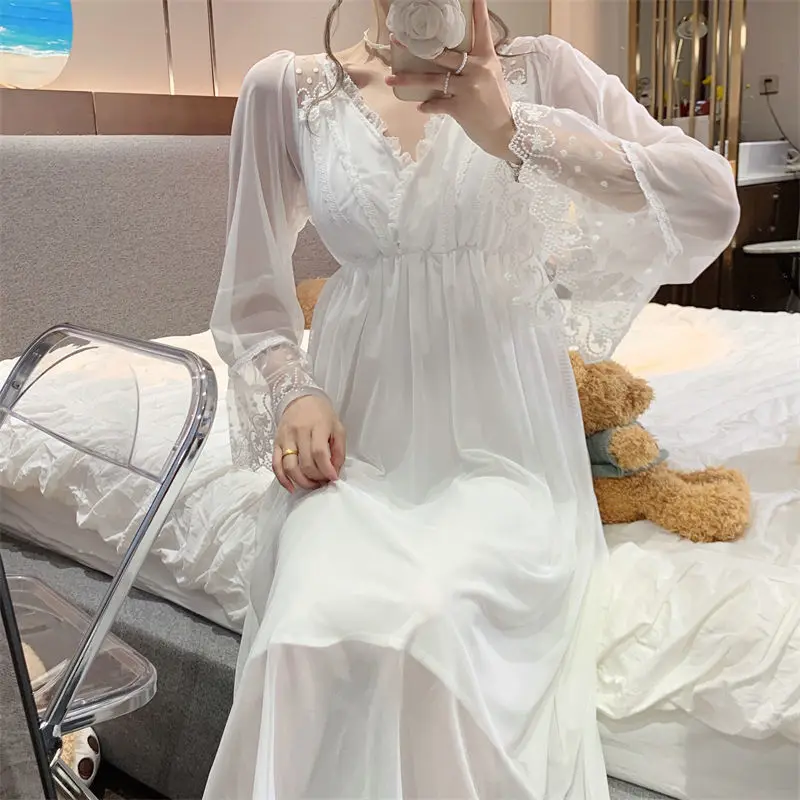 Sexy Lingerie Princess Style Woman Sweet Lace Sleepwear for Sleeping Loose Homewear Pijama White Night Dress Women Nightgowns