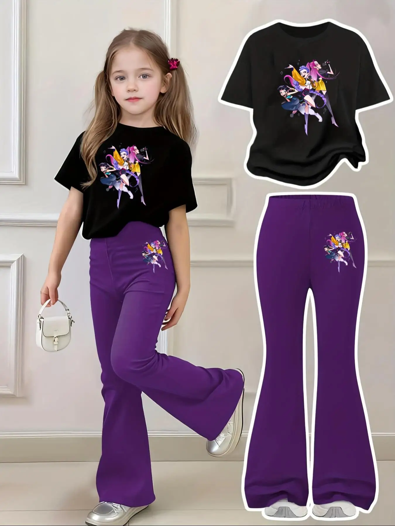 Children's Clothing Girls' Set 2026 New Style Flared Pants + Short-Sleeve Two-Piece Set for Three Girls, Cartoon Print Clothes, Quirky and Versatile, Suitable for Children Aged 4-12