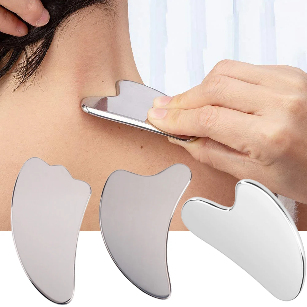 Stainless Steel Massage Scraper Gua Sha Tool Face Lift Anti-Aging Skin Tightening Cooling Metal Contour Reduce Puffiness 3 Size