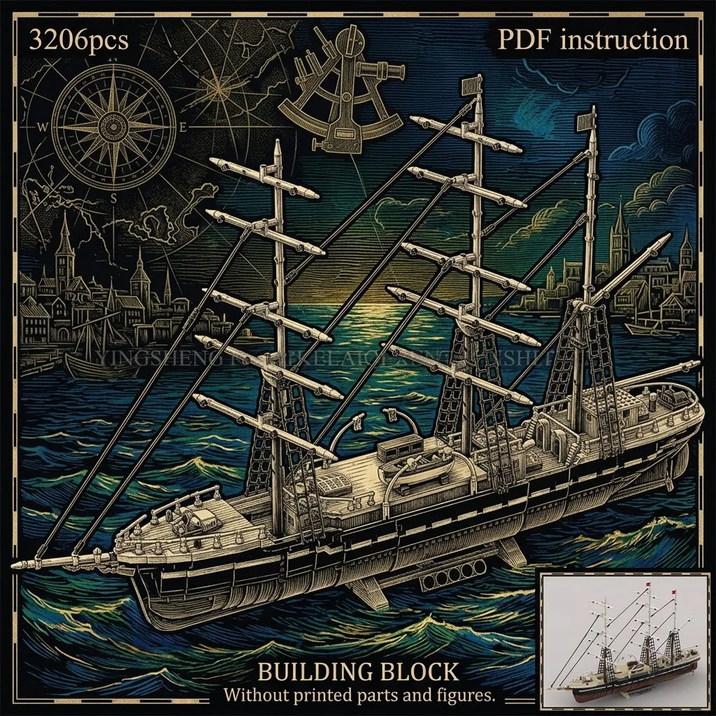 

Detailed Rigging Classic Three Mast Sailing Ship Wooden Deck Historic Vessel MOC Block Model For 252249