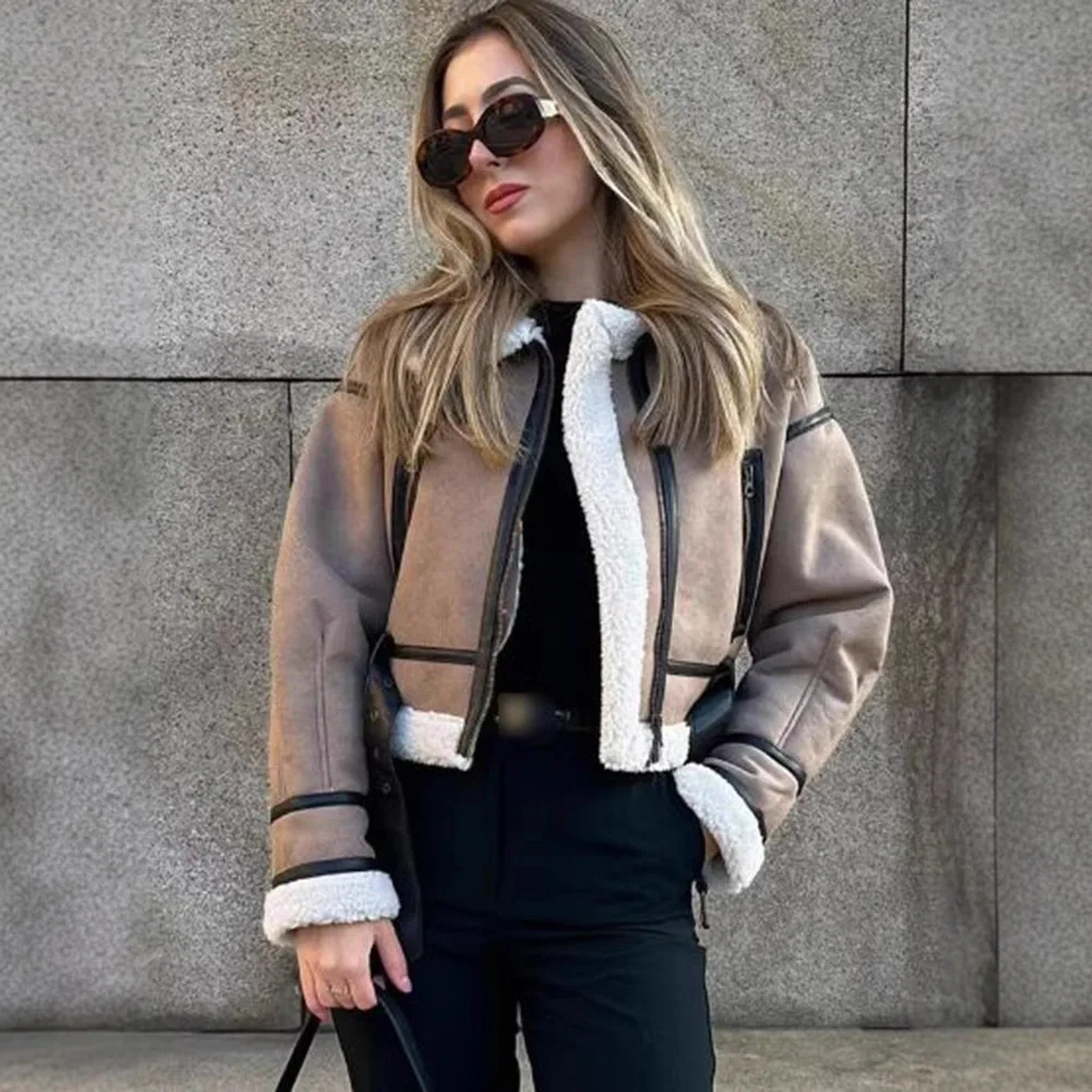 Women's Fashion Figure Flattering Windproof Faux Fur Shearling Vintage Biker Short Jacket Versatile Zipper Trendy Ladies Coat