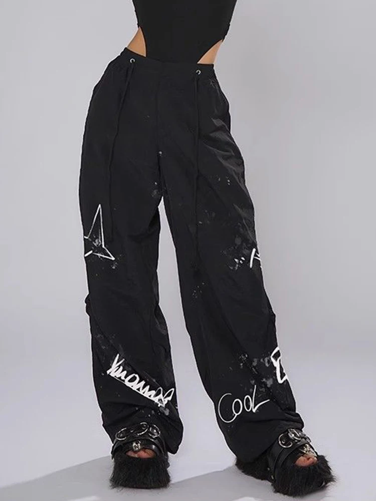 Zoki Y2K Hand Painted Cargo Pants Women High Waist Streetwear Black Trousers Vintage American Gothic Bf Dancing Paratrooper Pant