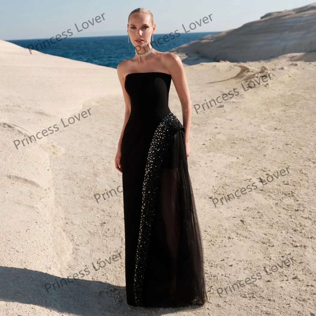 Black Strapless Evening Dresses A Line Sequins Wedding Party Dress Customized Slit Prom Gown Formal Vestidos