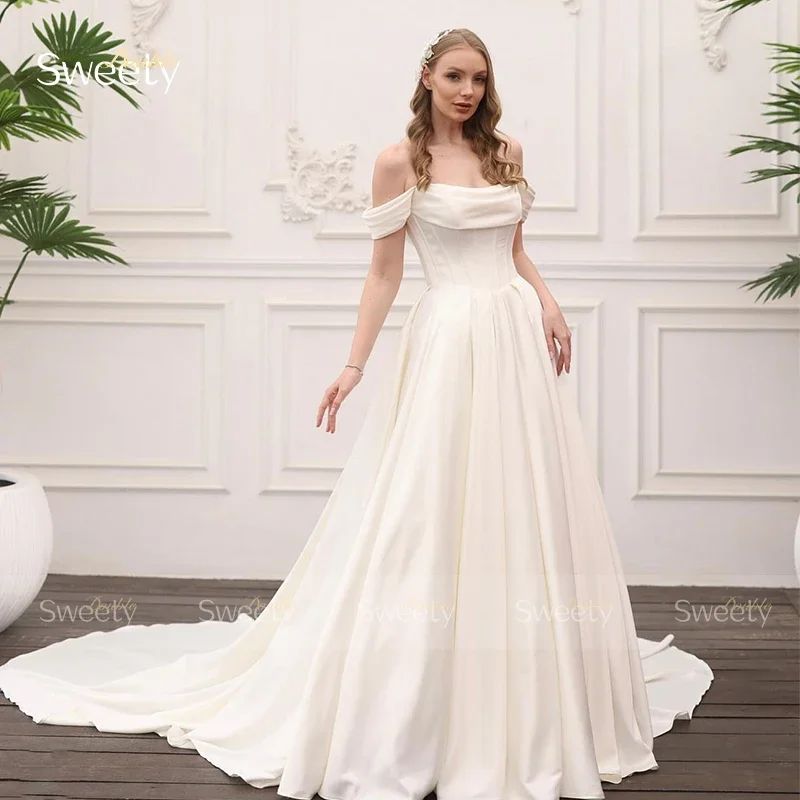 Elegantes Hochzeitskleid aus weichem Satin mit A-Linie, bodenlang, Ballkleid, quadratischer Kragen, ärmelloses Brautkleid, Knopfleiste, Vestido de Novia