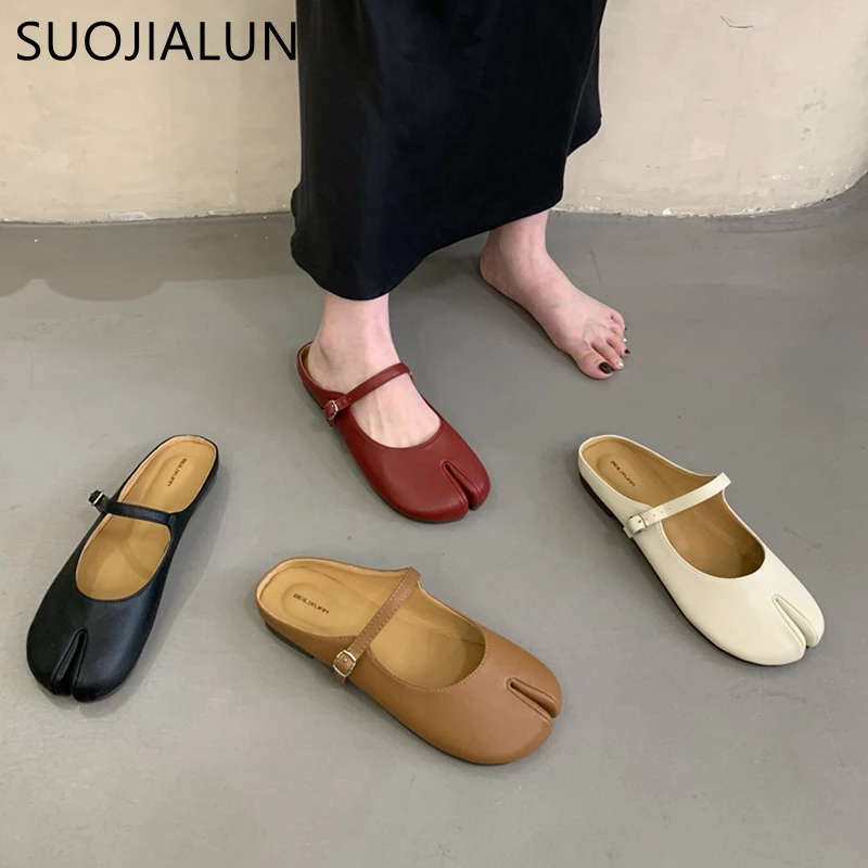 SUOJIALUN 2023 Autumn Women Slipper Fashion Split Toe Flat Heel Casual Slip On Mules Shoes Soft Shallow Ladies Outdoor Sandal Sl