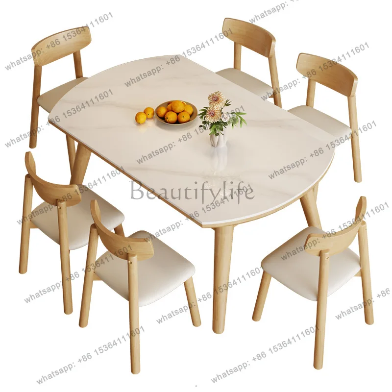 

Solid wood rock slab dining table Nordic light luxury living room household small apartment retractable round table