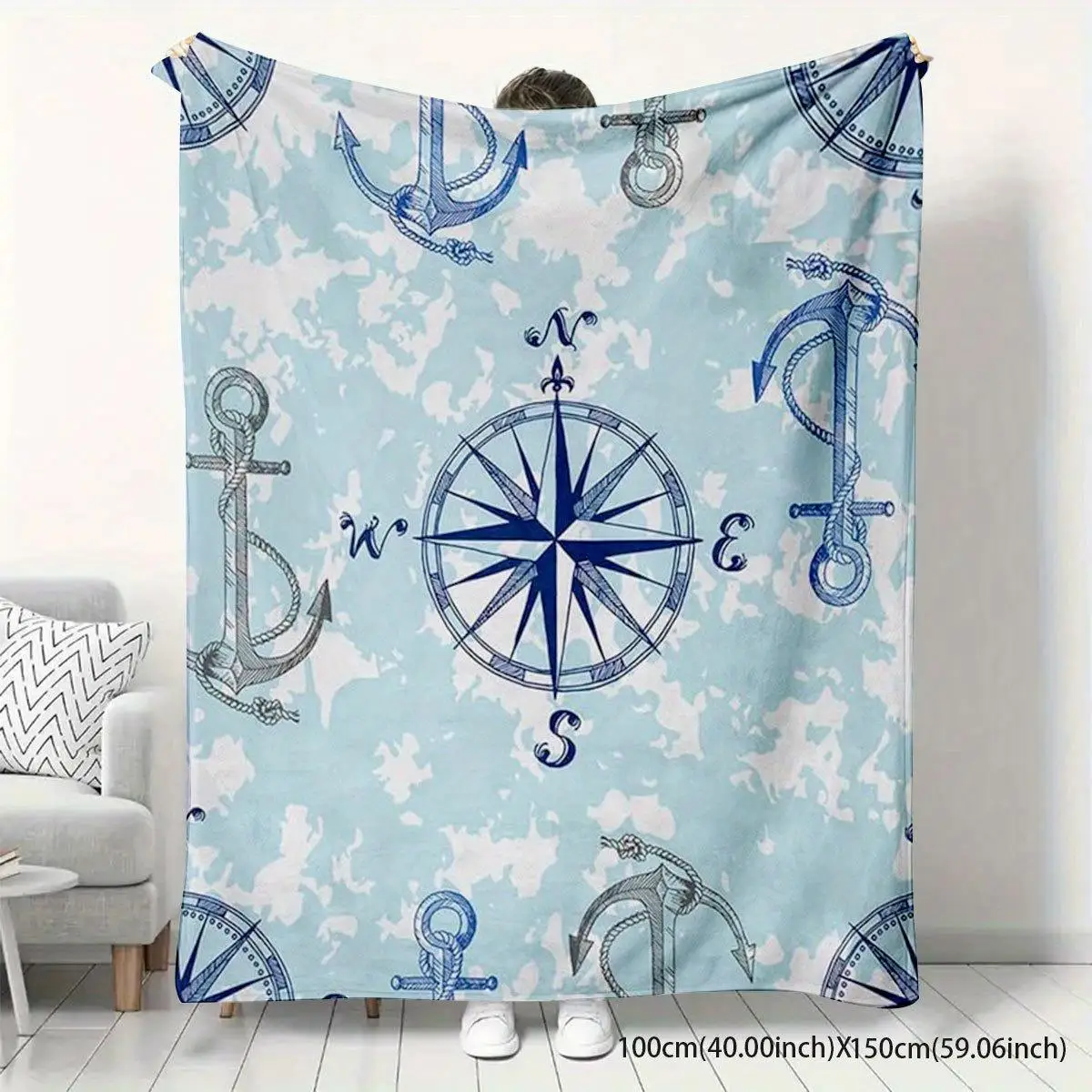1pc Compass and anchor pattern blanket, polyester fabric, machine washable, suitable for bedroom and living room décor.
