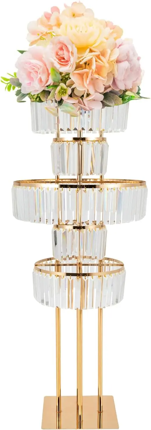 Wedding Gold Vases Centerpieces Luxurious Crystal Flower Stand,5 Tier Round Crystal Chandelier Flower Stand, Wedding Tall