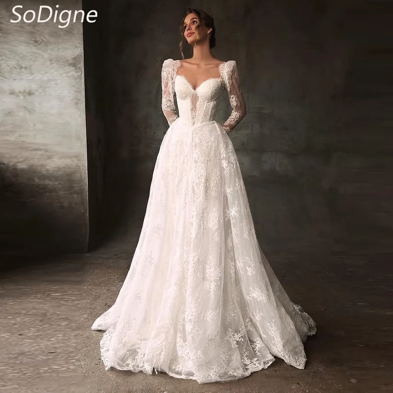 

SoDigne A-line Lace Wedding Dresses Sweetheart Full Sleeves Bridal Dress Beach Long Wedding Gown Robe De Mairee ﻿Customized