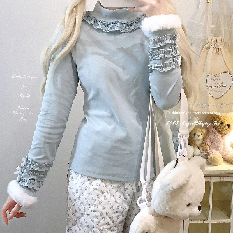 المرأة الحلو لوليتا الخريف قميص طويل الأكمام الصلبة طويلة الأكمام تقليم المحملة Kawaii الدانتيل وهمية الرقبة نمط Preppy بلوزة