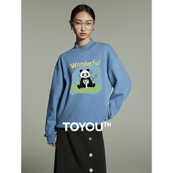 Toyouth Women Fleece Sweatshirt 2023 Winter Long Sleeve Half High Collar Loose Hoodies Cute Panda Print Casual Three Colors Top