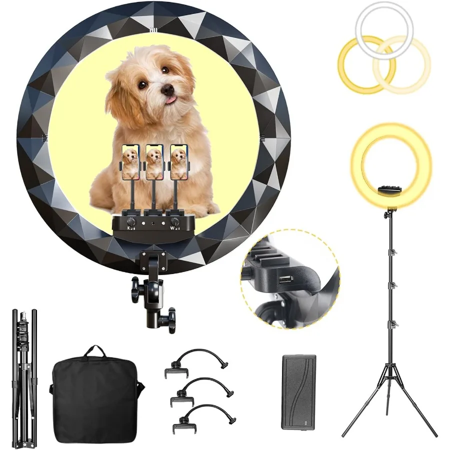 

19-дюймовый светодиодный кольцевой светильник с регулируемой подставкой для штатива длиной 8 футов и 3 держателями для телефонов для профессиональной записи потокового видео в реальном времени