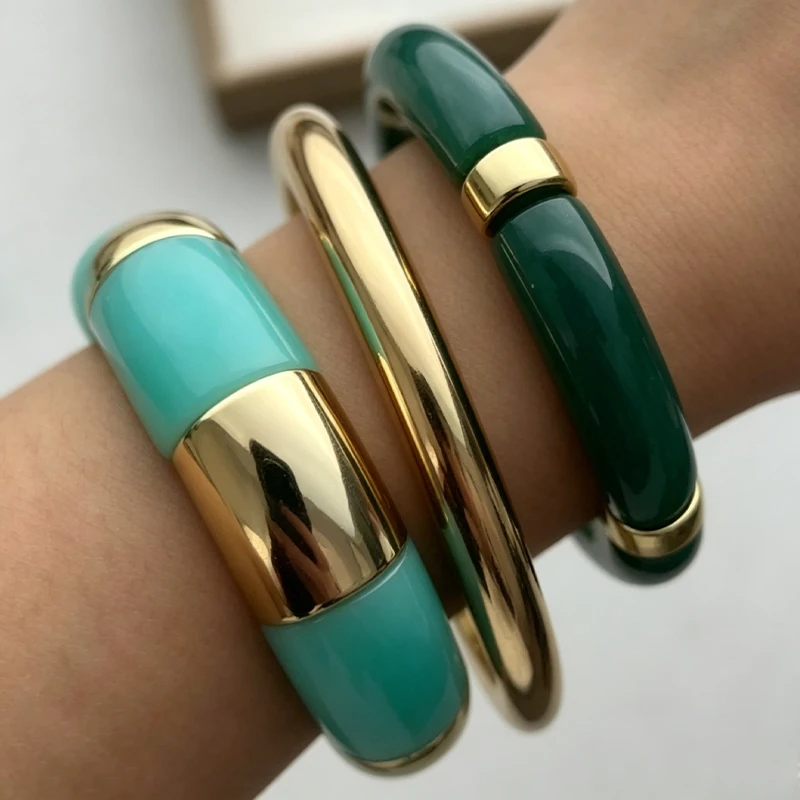 3 Pcs French Bamboo Segment Resin Bangle Set Women Marble Swirl Metal Bracelets Seaside Vacation Stackable Elegant Trendy Gifts