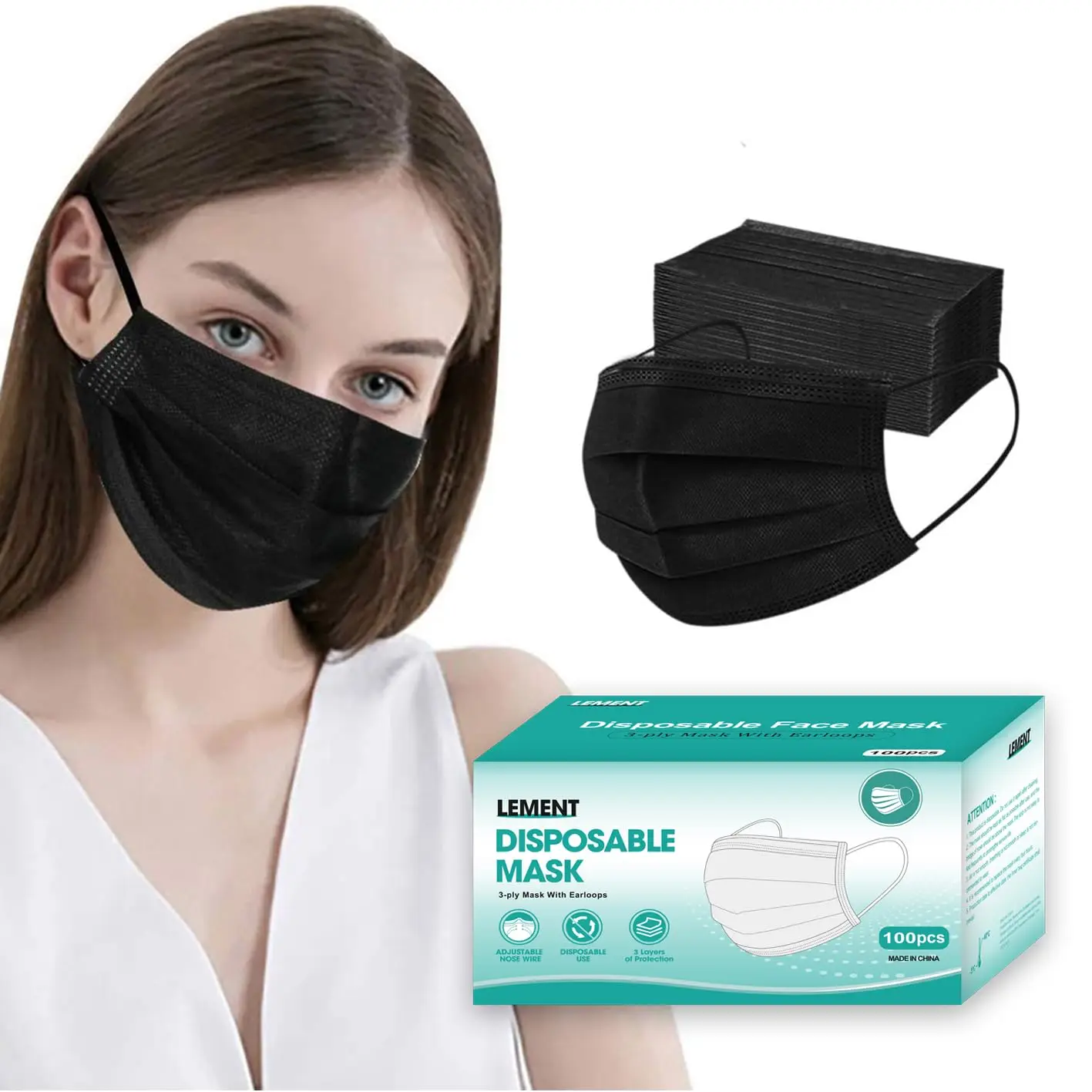 

100 Pcs Black Disposable Face Masks, 3-Ply Non-Woven Fabric, One Size for Men and Women