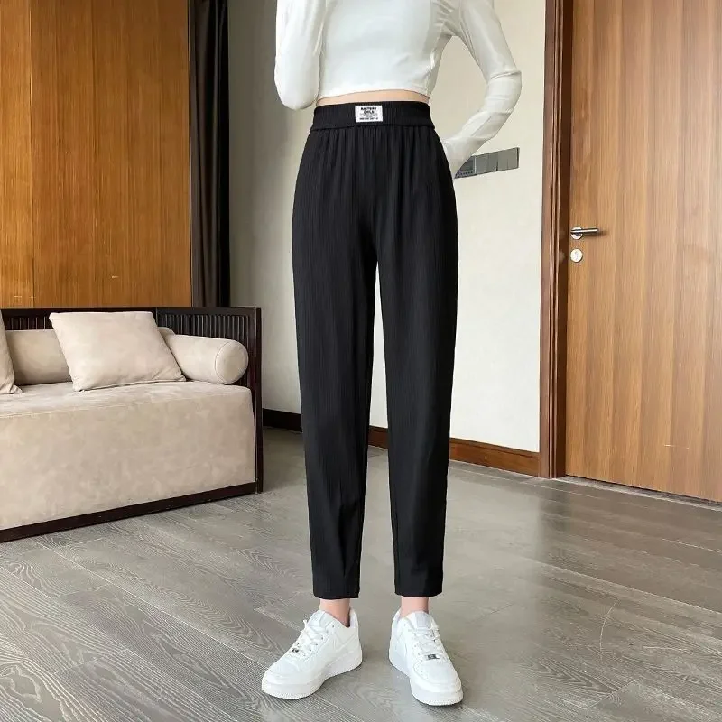 Summer 2023 Ice Nine Point Sports Pants Korean Version Slim and Versatile Elastic Waist Women Casual Fashion Pencil Trousers