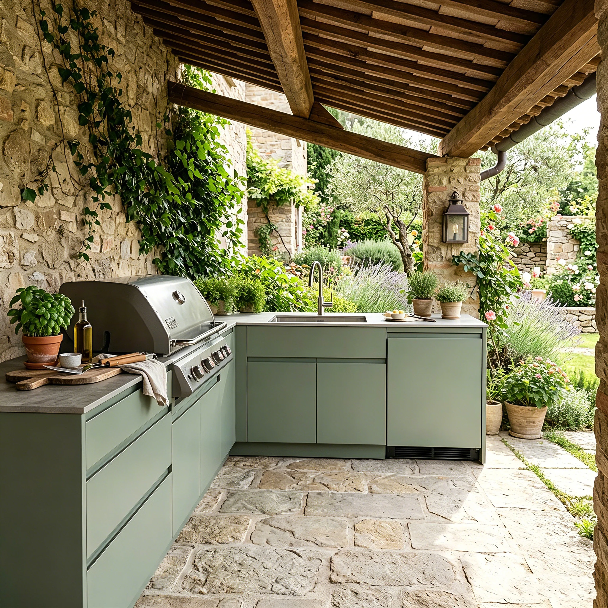 FOODLINE Galvanized Frame Outdoor Kitchen Cabinet Module With Granite Style Countertop Cut