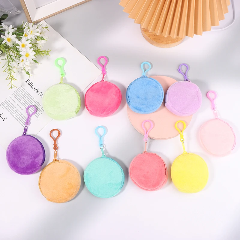 8.5x8.5cm Candy Color Round Plush Coin Purse Women Cute Solid Color Change Pouch Wallet Keychain Portable Earphone Storage Bags