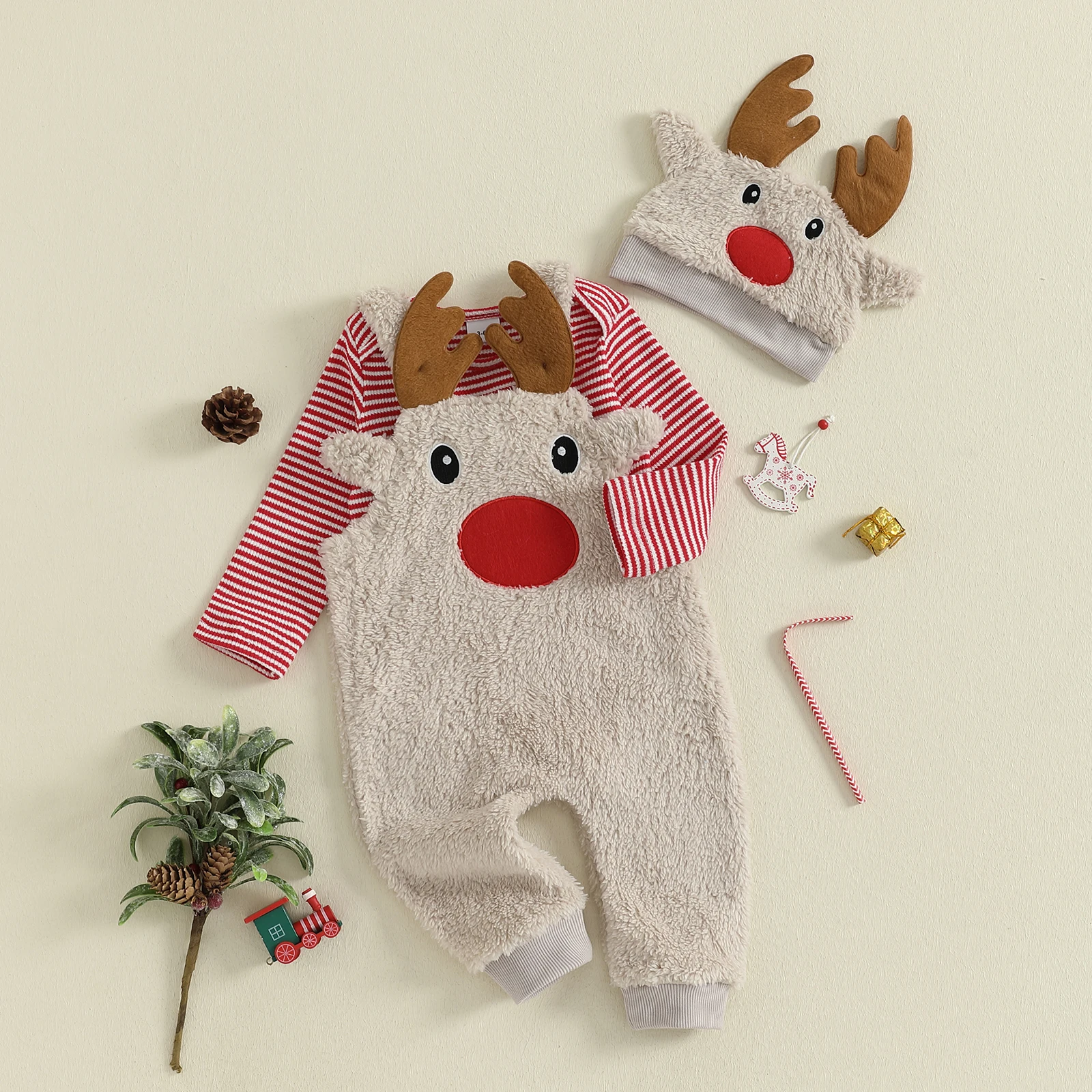 2026 السنة الجديدة طفل رضيع زي عيد الميلاد عيد الميلاد فضفاضة تناسب مخطط كم طويل رومبير الرنة أفخم وزرة وقبعة 3 قطعة مجموعة