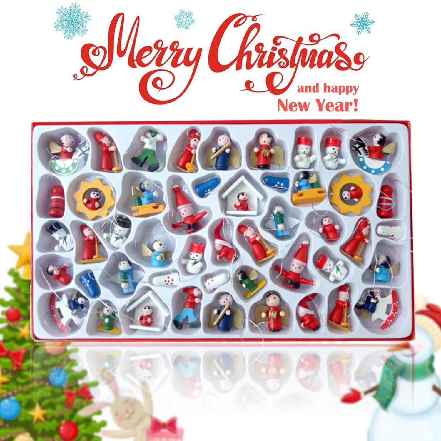 Besegad 48PCS Christmas Xmas Tree Wooden Figures Hanging Ornaments Pendants Decorations Set for Home House Shop Mall Party Decor