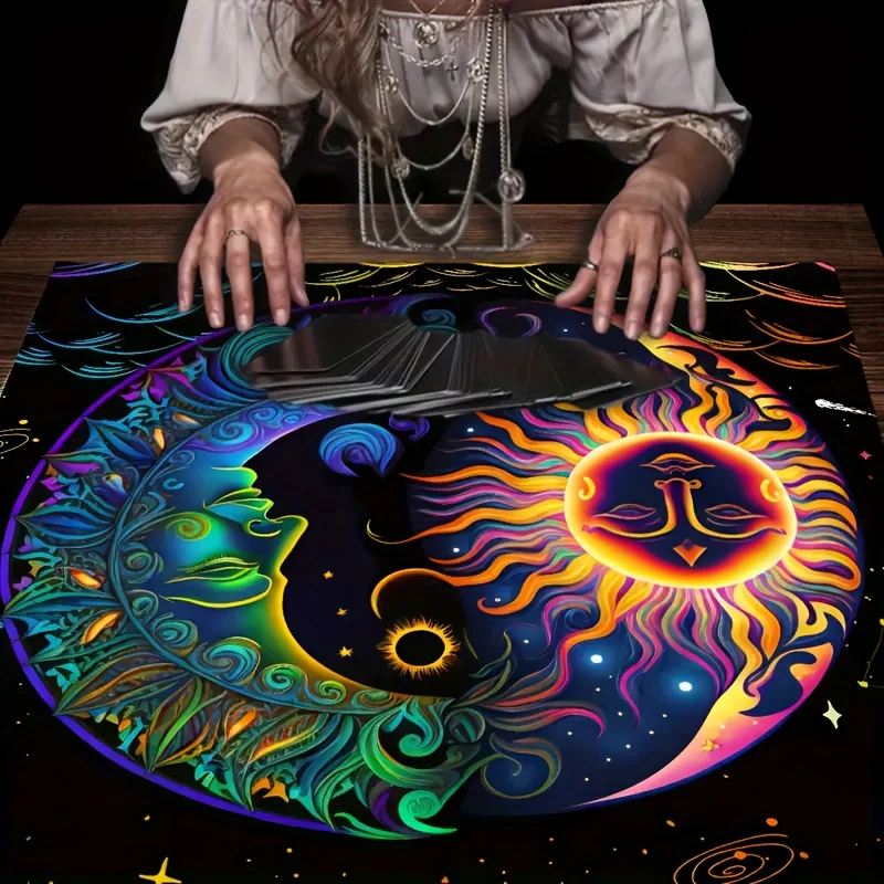 VIKAMA Neon Sun Moon Yin Yang Tarot Altar Cloth Witchcraft Divination Mat for Tarot Reading Spiritual Home Decor