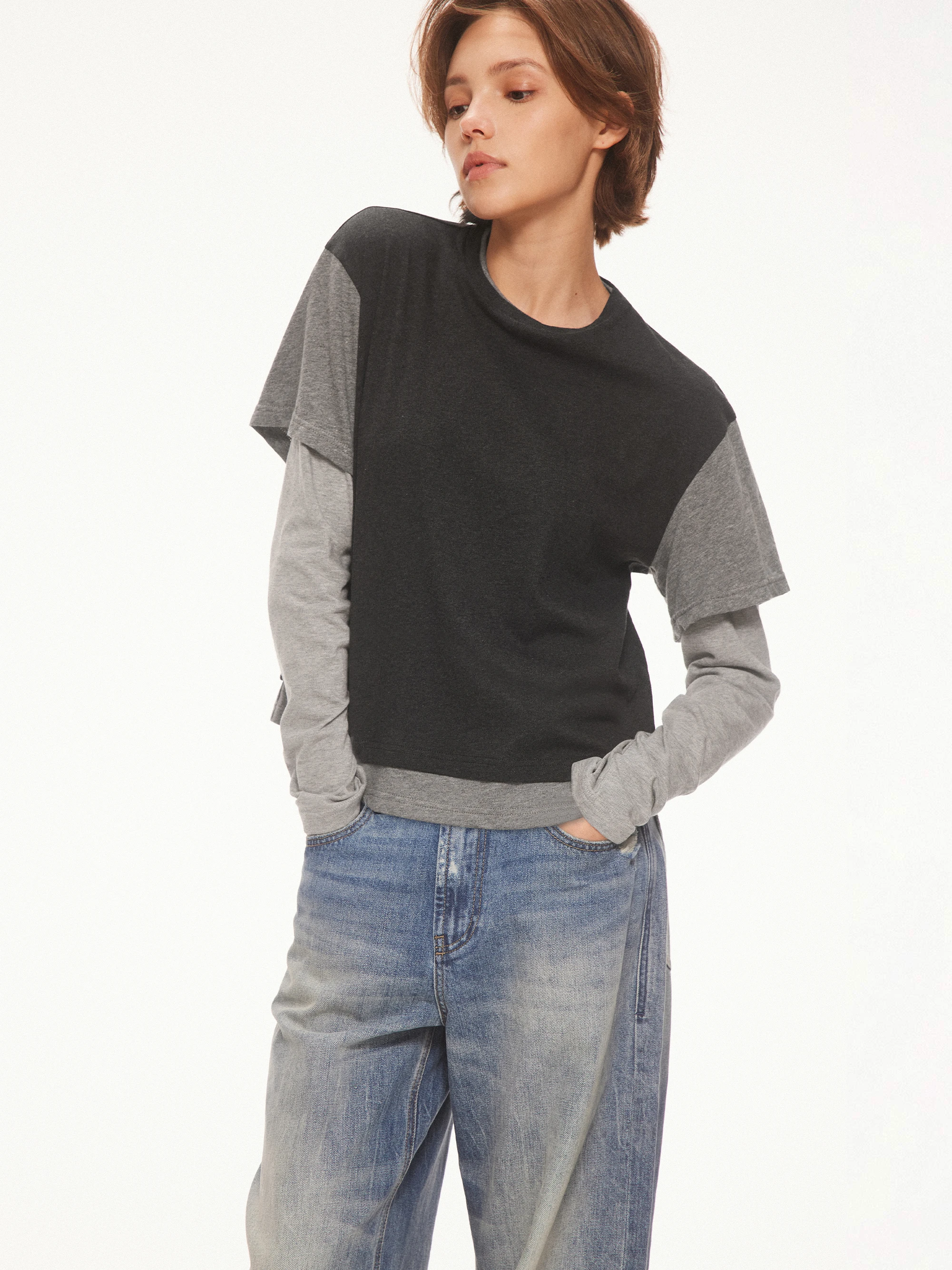 AHNKANK Pure Cotton Long Sleeve T-Shirt Women's Casual round Neck Loose Top Color Block Design Autumn New Style Fake Three-Piece