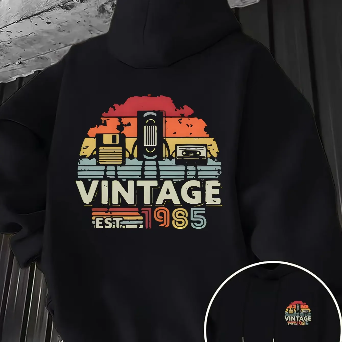 Vintage Est 1985 Retro Floppy Disk Cassette Sunset Double Sided Print Oversized Hoodie 80s Nostalgia