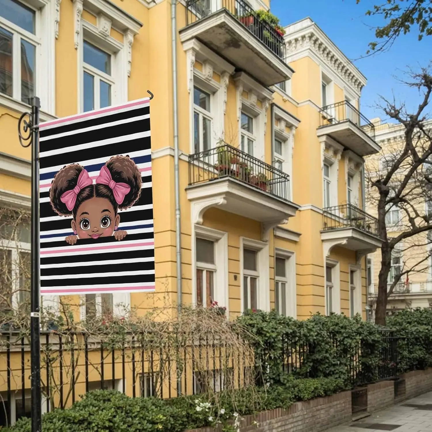 African Black Girl Pink Bow Garden Flag Holiday Yard Flags Black White Stripes Garden Flags for Outside Double Sided Seasona yyi