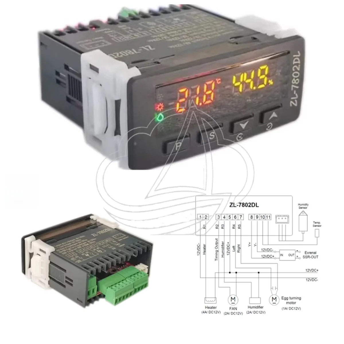 12V DC Automatic Incubator Temperature Humidity Controller, ZL-7802DL Digital Thermostat with Dual I/O for Egg Hatchery