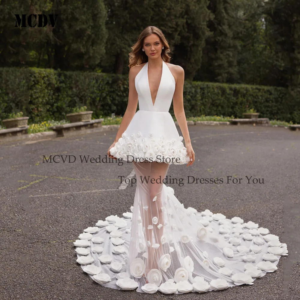 

MCDV Flowers Backless Satin Wedding Dress Halter Neck A-Line Ivory Pastrol Bride Party Gowns Vestidos De Novias Customized