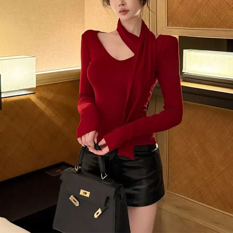 الملابس النسائية خمر الشريط الأحمر البلوفرات المألوف ضمادة الخريف جديد هالة الخامس الرقبة Hotsweet سليم بلون الأساسية تي شيرت #1