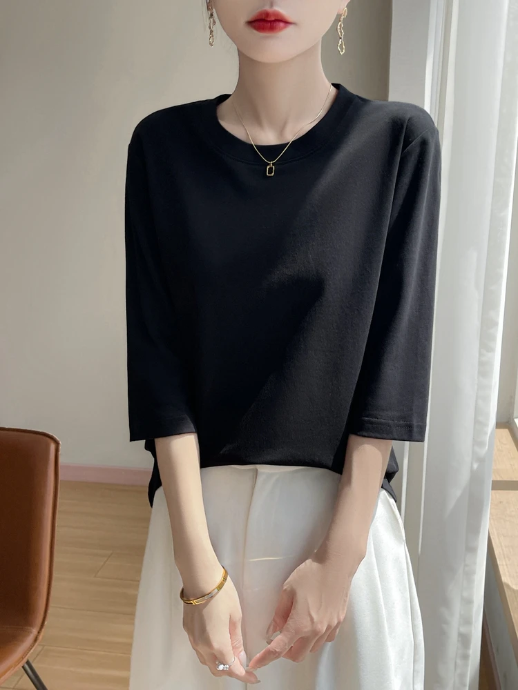 New 2026 Women's round Neck Ice Cool Cotton 7/8 Sleeve T-Shirt Casual Cotton Thread Base Shirt Inner Wear Top for Spring Summer