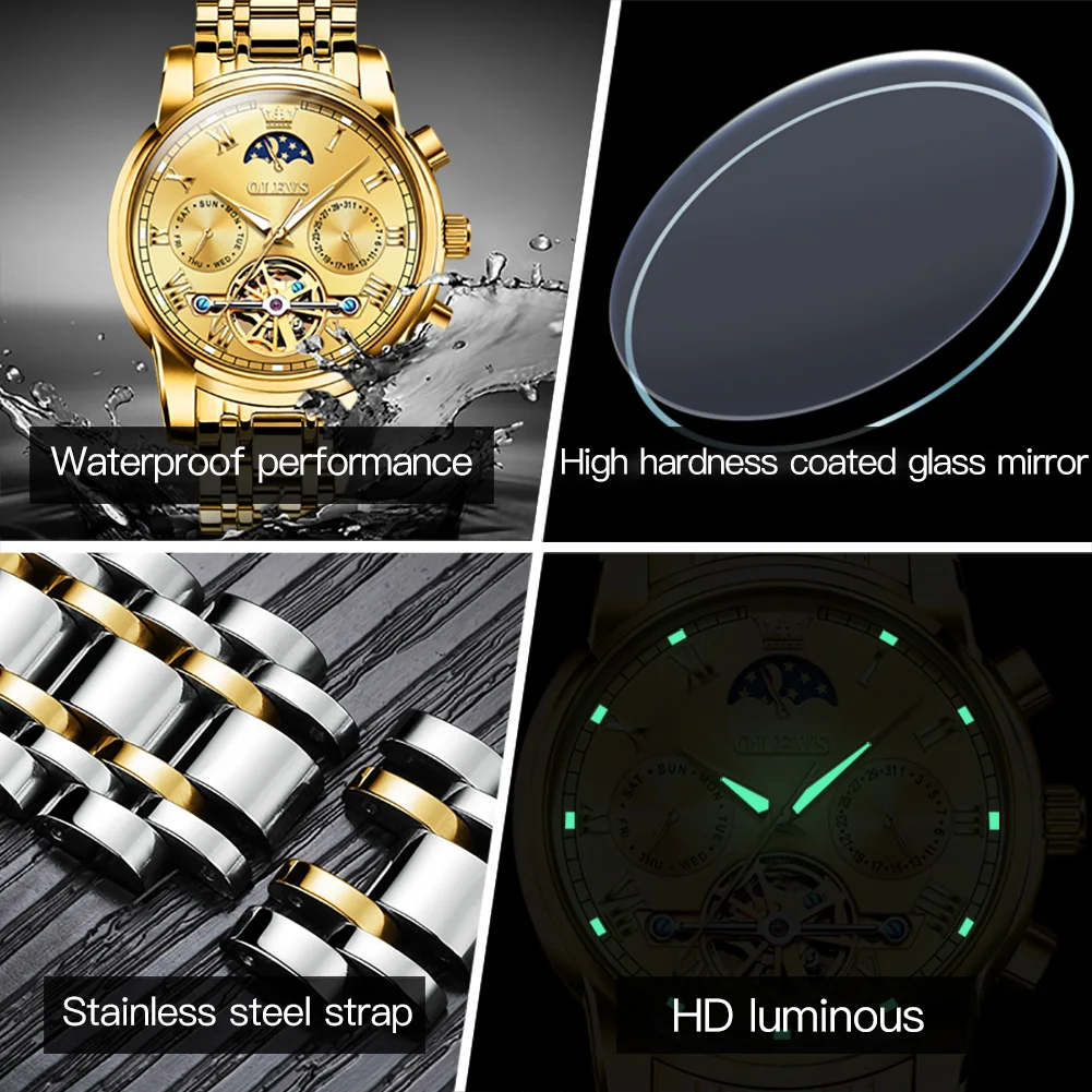 OLEVS 6617 Orologio meccanico classico da uomo Orologio da lavoro impermeabile con cinturino in acciaio inossidabile Orologio impermeabile sole e luna 30M
