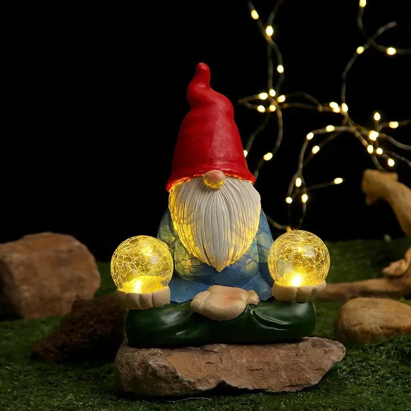 Outdoor Lawn Yard Decoration Resin Gnome Yoga Figurine Holding Glass Ball Garden Statues Solar Light