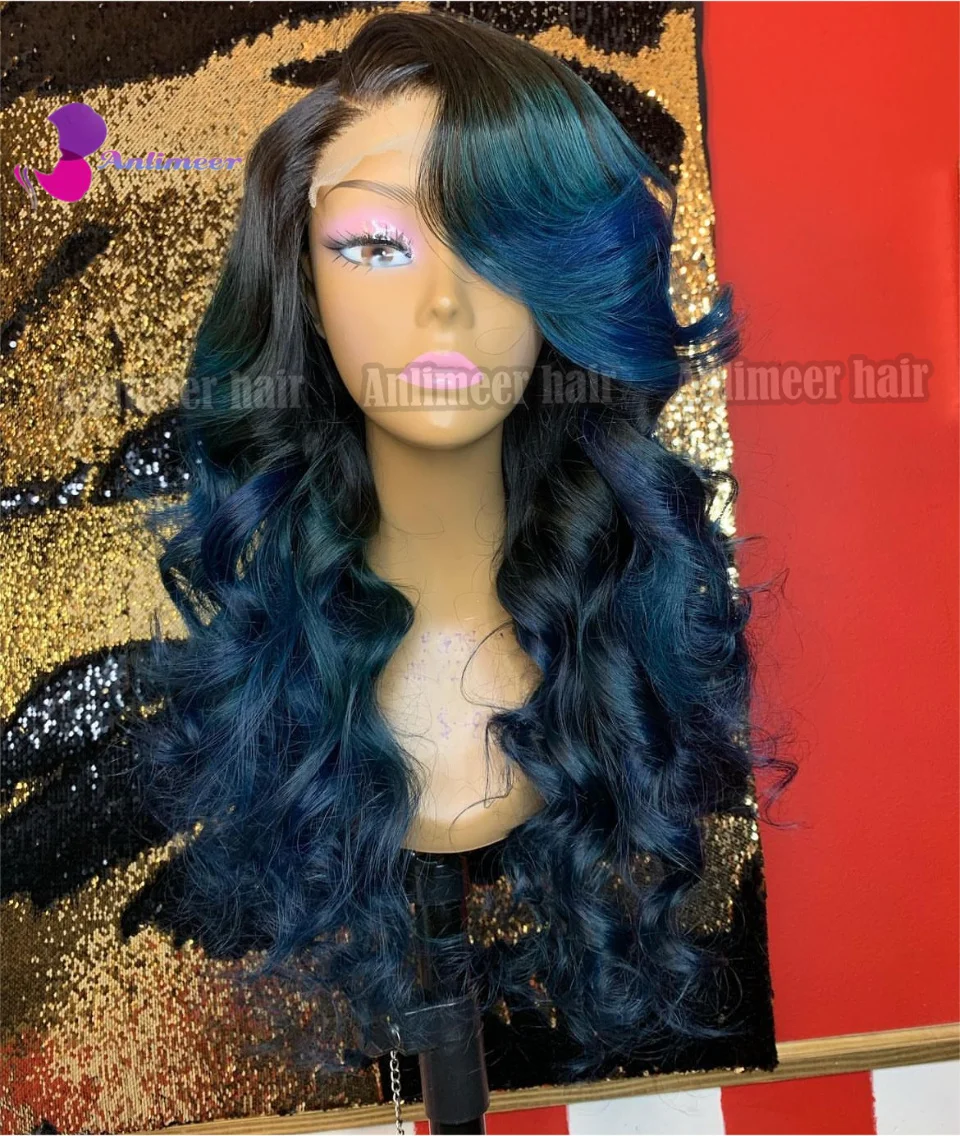 Ombre Blue Lace Front Wig Human Hair Right Side Part 13X6 Frontal Wig 100% Human Hair Lace Front Wigs Dark Blue Human Hair Wig