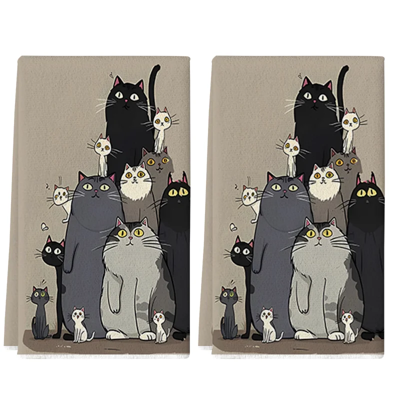 2Pcs, Cute Cat Family Kitchen Towels, 40Cm*60Cm Towel Set, Super Absorbent Soft Cleaning Cloth, Cooking and Baking Tea Towel, Hand Towel, Cleaning Cloth, Dishcloth, Kitchen Decoration, Living Room Decoration, Kitchen Essentials, Home Essentials