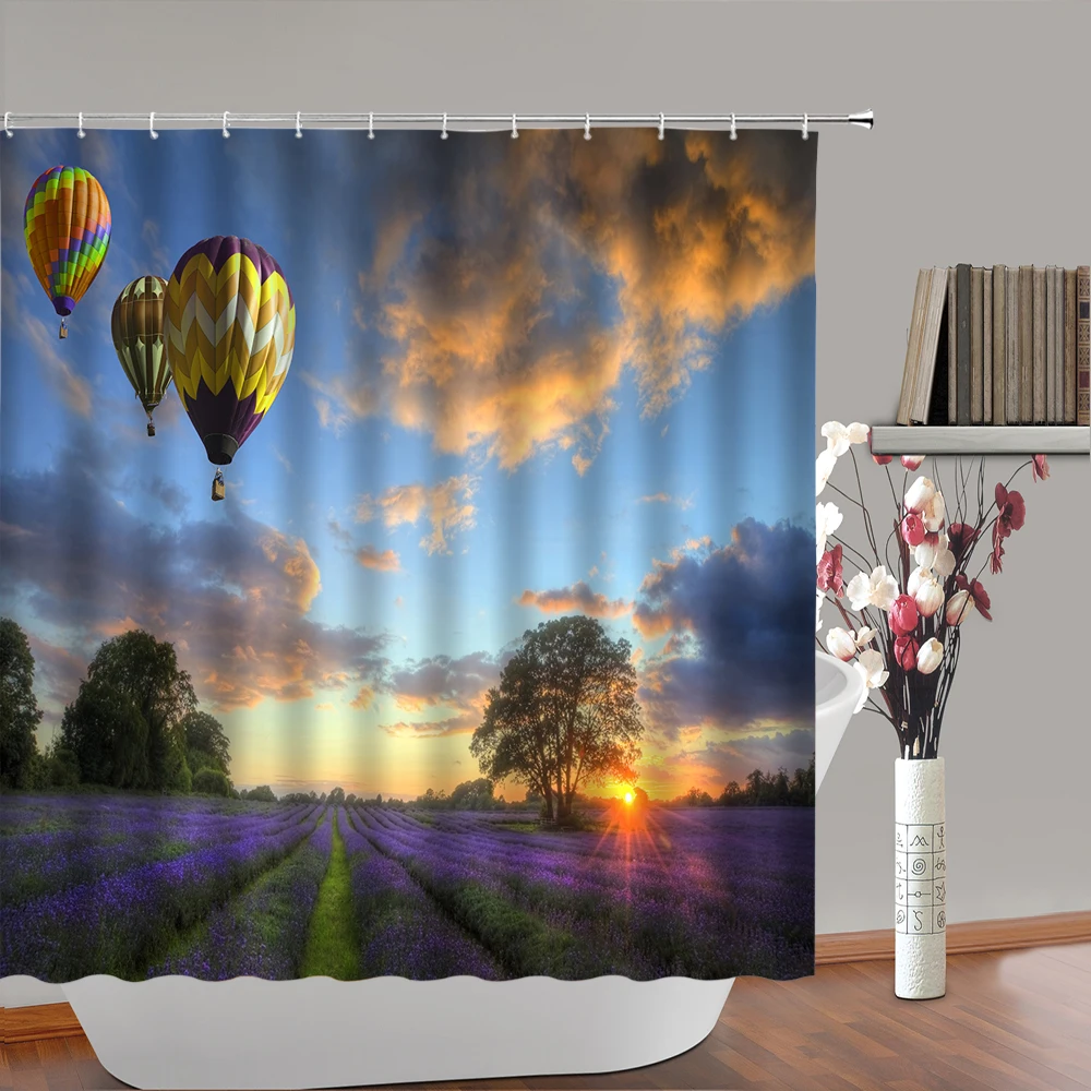 Rural Nature Scenery Shower Curtain Purple Lavender Flowers Field Bathroom Curtains Polyester Fabric Home Decor Bathtub Screen