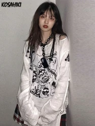 KOSAHIKI Gothic Skull Print Loose T Shirt Women Off Shoulder Long Sleeve Japanese Harajuku Thin T-shirt Korean Fashion Y2k Tee