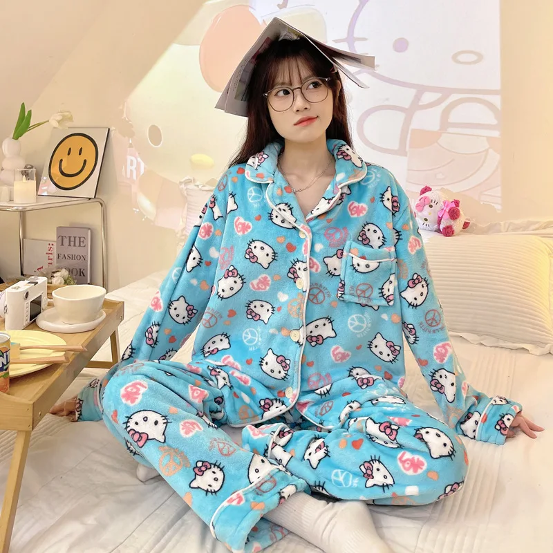 Sanrioed Japanese Cartoon Hello Kittys Pajamas Woman Keep Warm Flannel Autumn Winter New Kawaii Sweet Home Wear Nightgown Suit