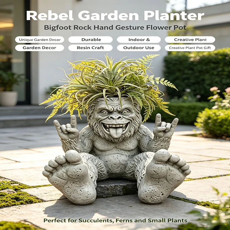 Rock‑Gesture Bigfoot Resin Statue, Multi‑Purpose Planter, Ashtray, Pen Holder, Indoor Outdoor Garden Decor Ornament