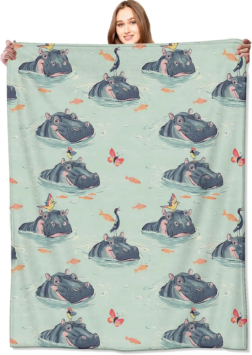

Adorable Hippopotamus Animal Print Throw Blanket Nursery Decor Cozy Plush Kids Room Throw Gift for Baby Boys Girls Home Decor