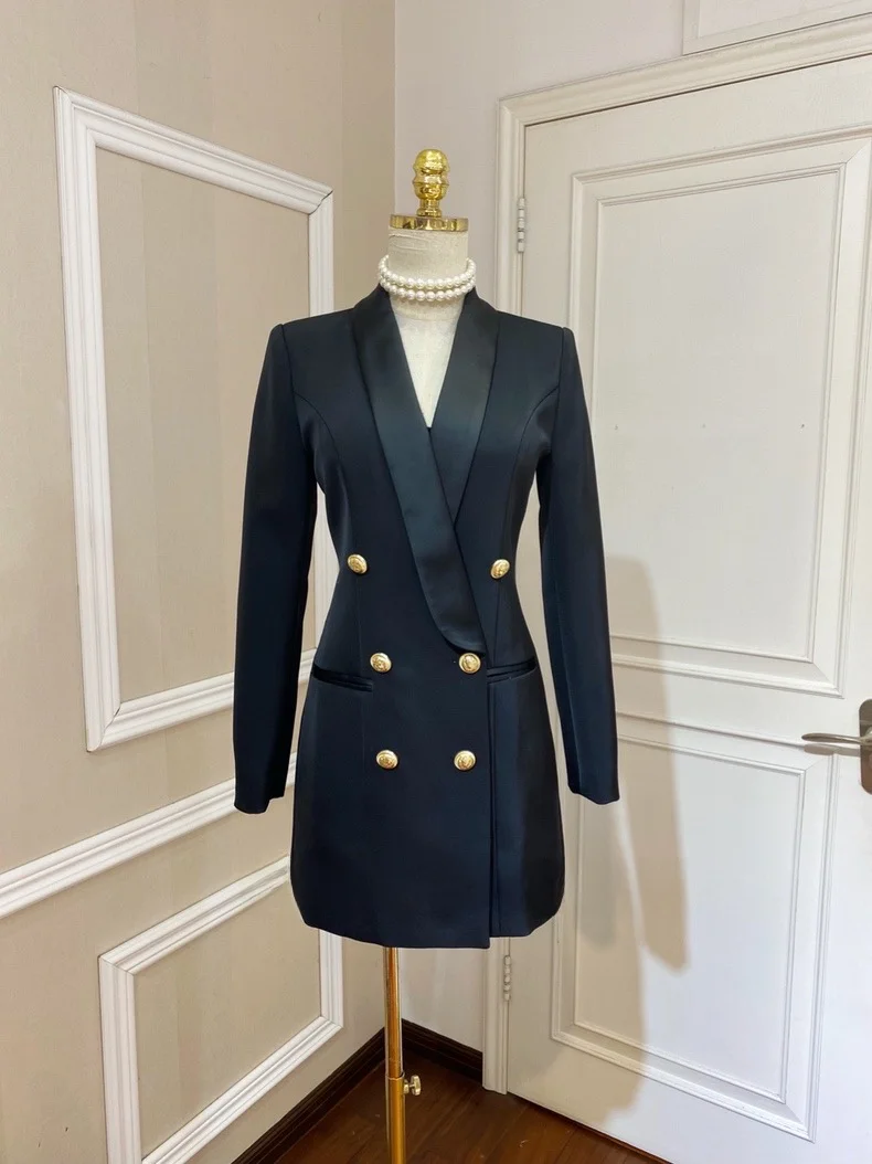 Haut de gamme Satin revers Patchwork métal Double rangée bouton coupe ajustée Midi Dr costume jupe Dr Elely conçu printemps Faion