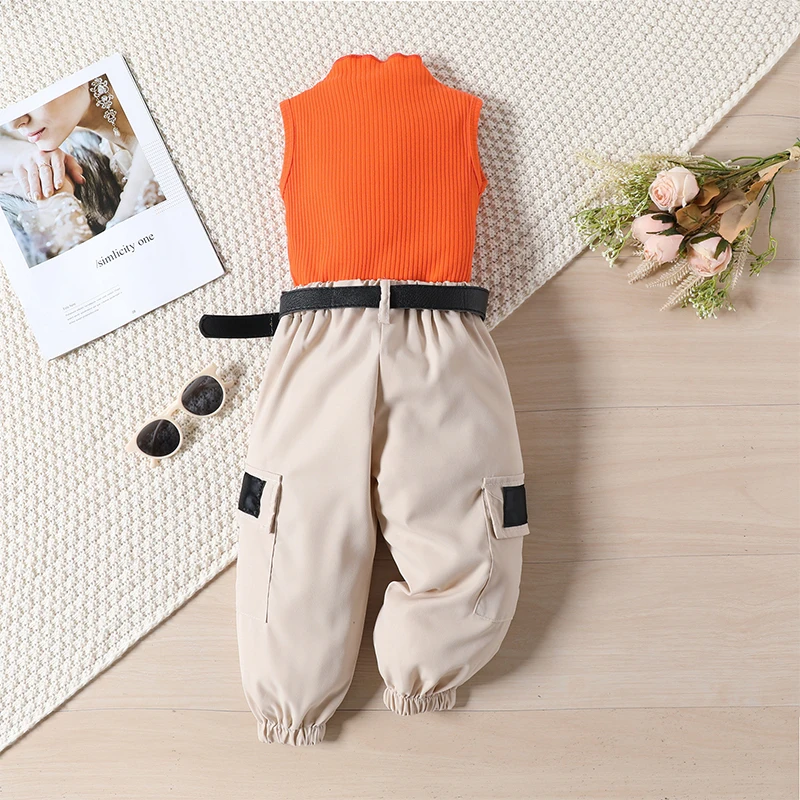 Summer Kids Girls Clothes Sets Sleeveless Halter Ribbed Vest + Cargo Pants Belt 2Pcs Suits Casual Outfits Children Clothing 0-5Y