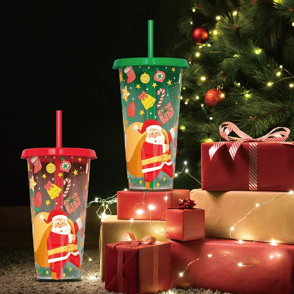 2Pcs Christmas Color Changing Mugs Large Capacity Father Christmas Straw Cups Reusable Drinkware for Home Party Holiday Gift