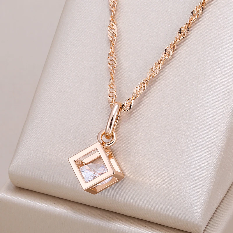 Kinel Hot Simple Hollow Square Pendant Necklace For Women 585 Rose Gold Color Natural Zircon Accessories Daily Fine Jewelry