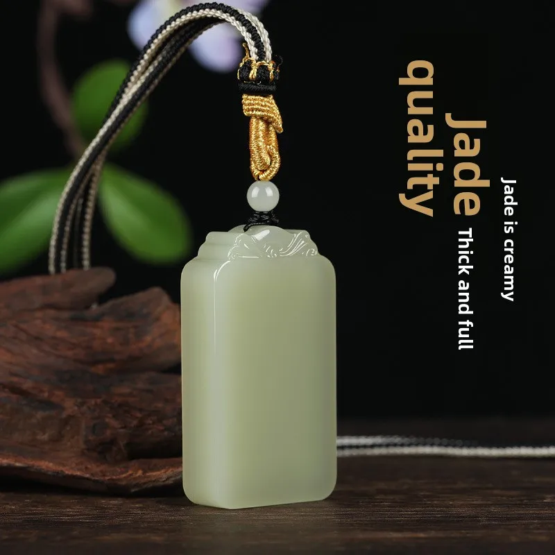 Chinese Style Natural Hetian Jade Peace Blessing Pendant Light Green Lucky Fortune Unisex Prayer Amulet Necklace Traditional Aus