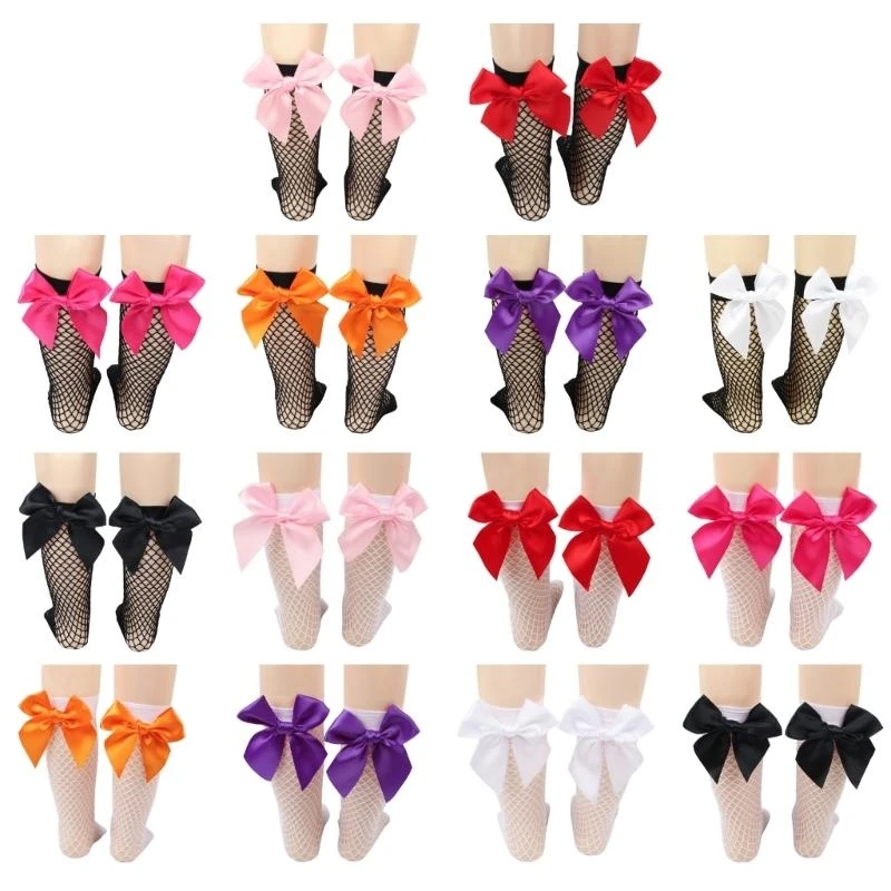 

Baby Girls Kids Mesh Socks Bowknot Knee High Lace Fish Net Short Socks G2TD